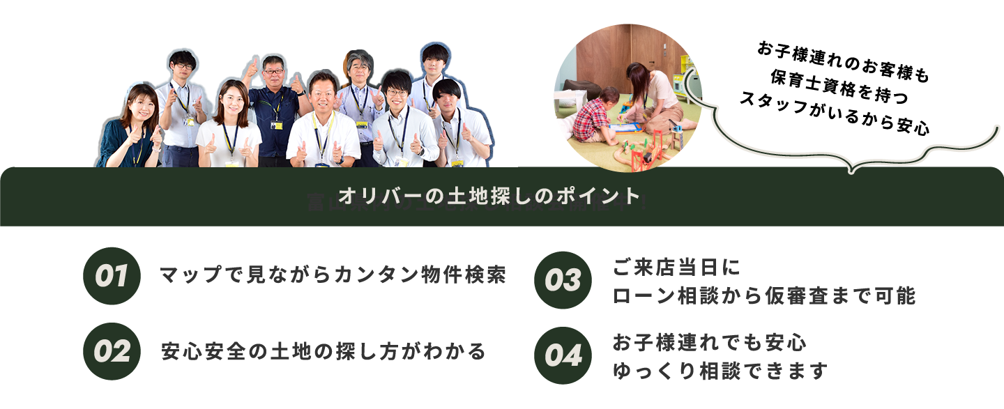 マップで見ながらカンタン物件検索 安心安全の土地の探し方がわかる ご来店当日にローン相談から仮審査まで可能 お子様連れでも安心ゆっくり相談できます